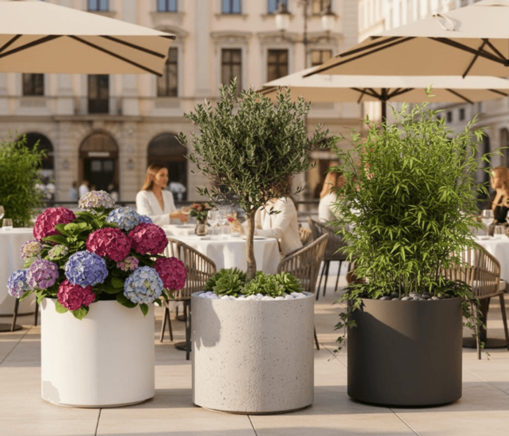 Betoniniai vazonai su augalais viešoje erdvėje
