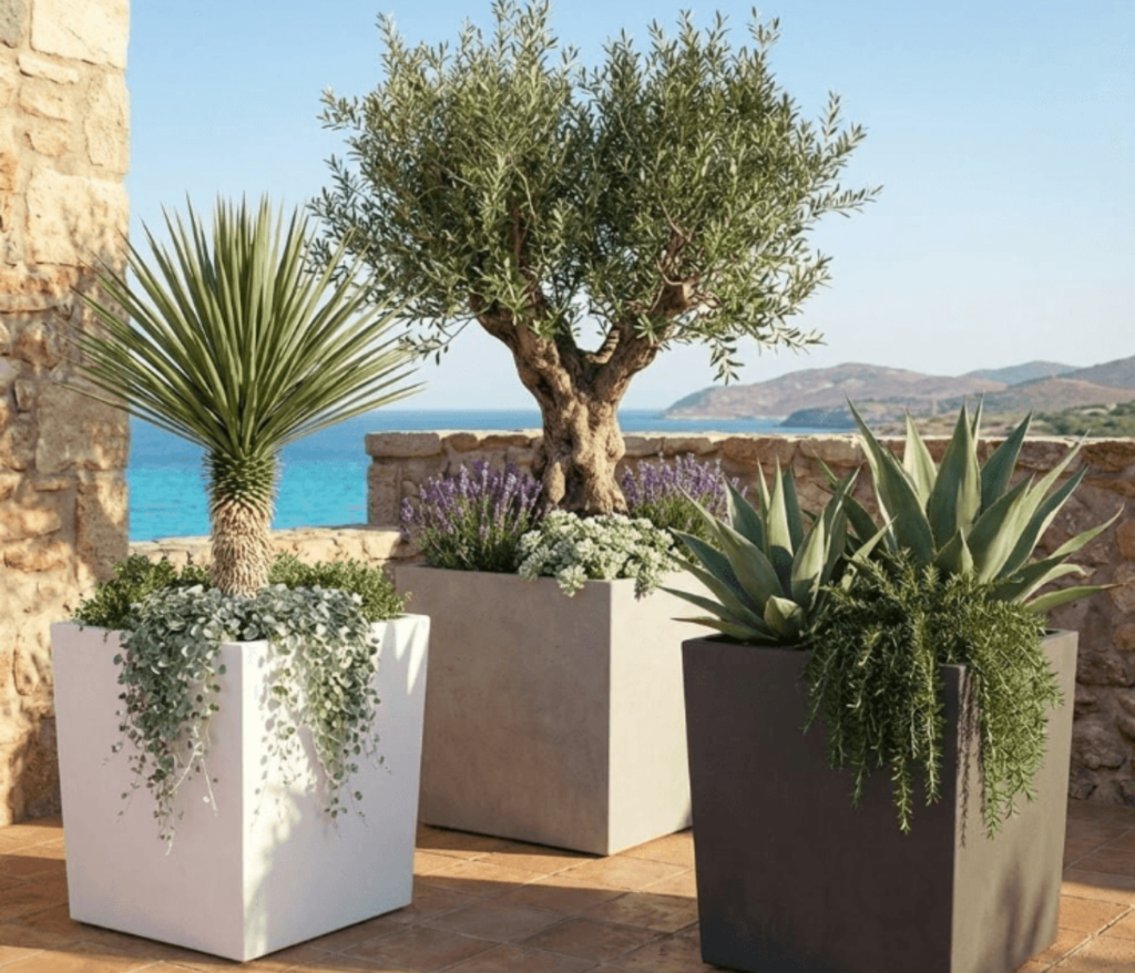 Betoniniai vazonai su augalais lauko terasoje