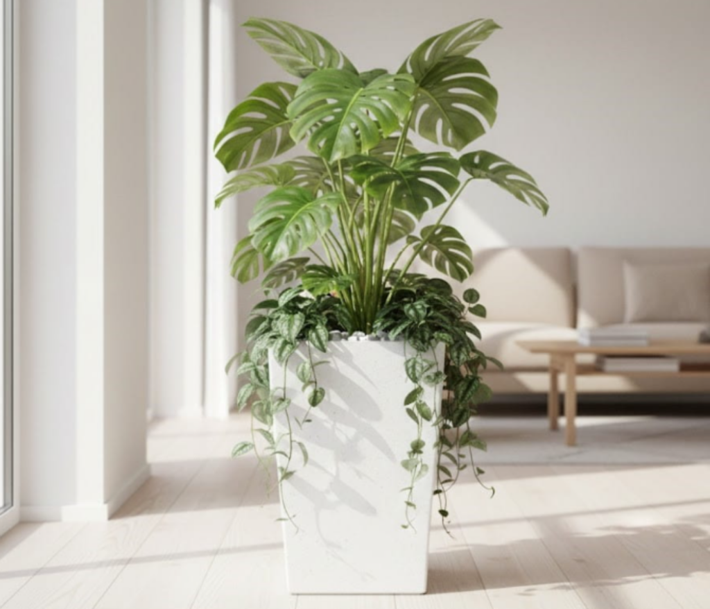 Modernūs gėlių vazonai vidaus interjere