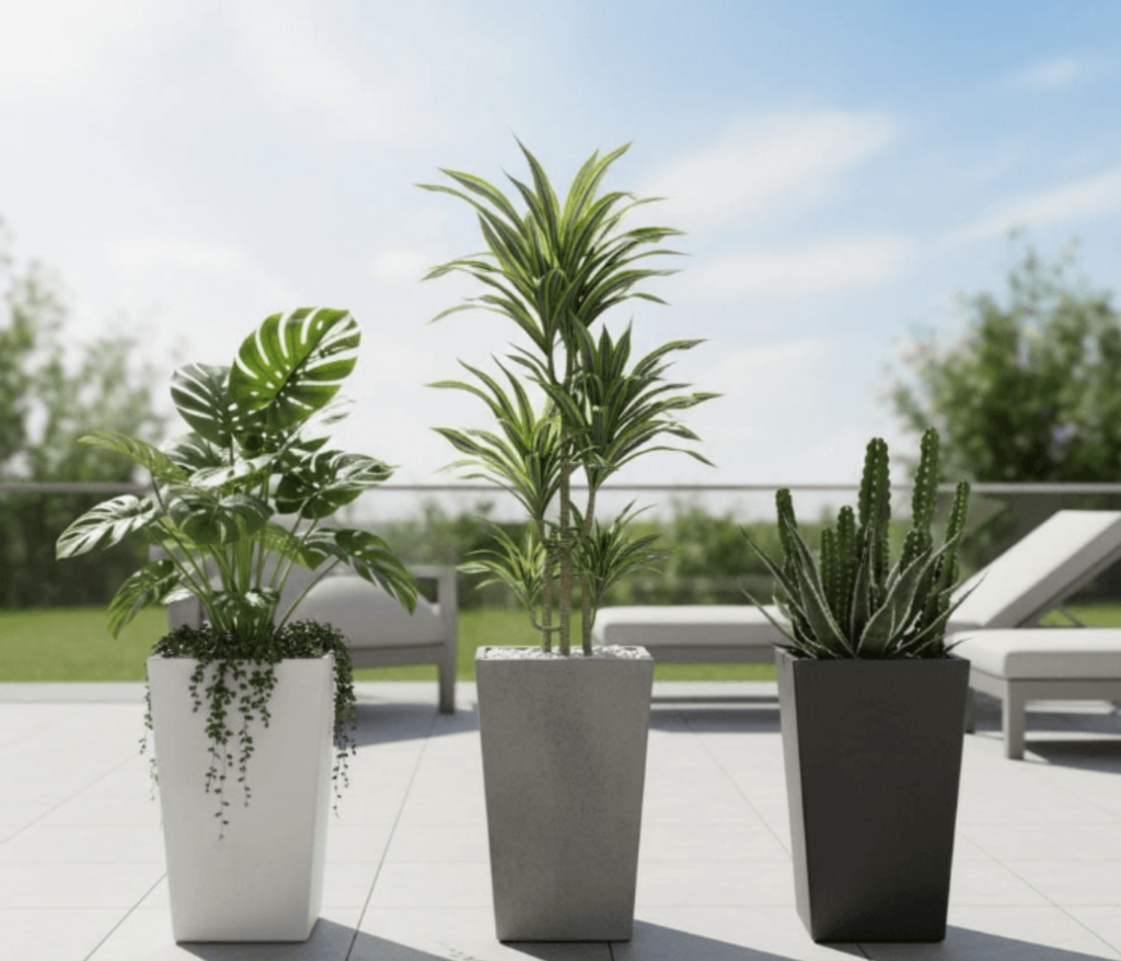 Betoniniai vazonai su augalais lauko terasoje