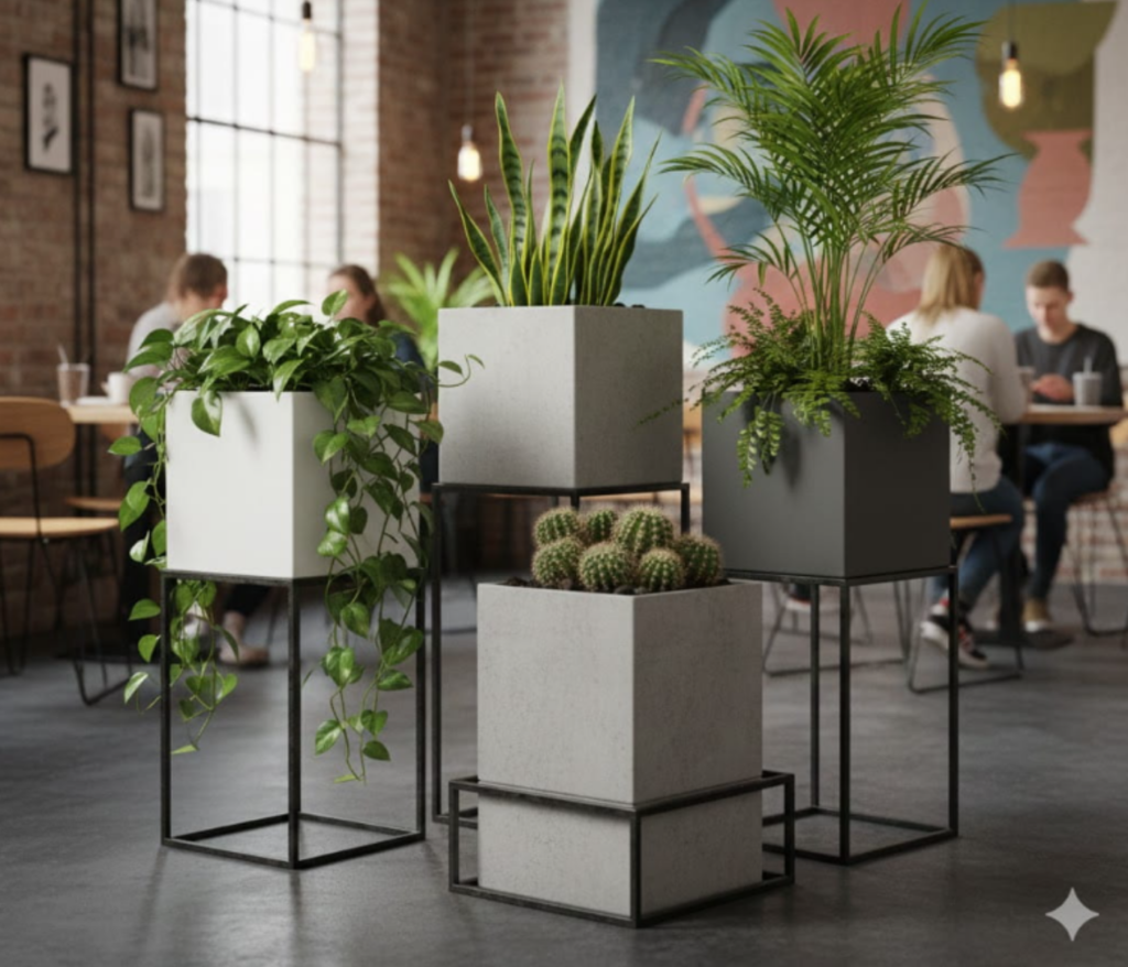 Modernūs betoniniai gėlių vazonai vidaus interjere