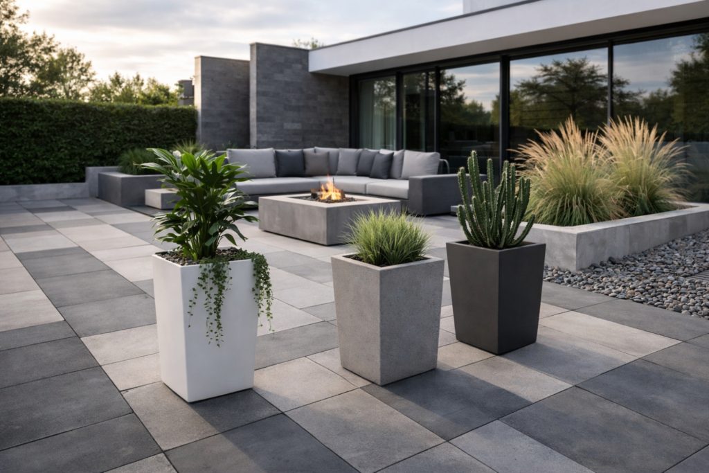 Betoninis gėlių vazonas moderniame interjere