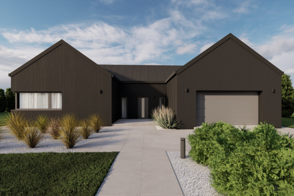 Modernus kiemas su grindinio trinkelėmis prie namo